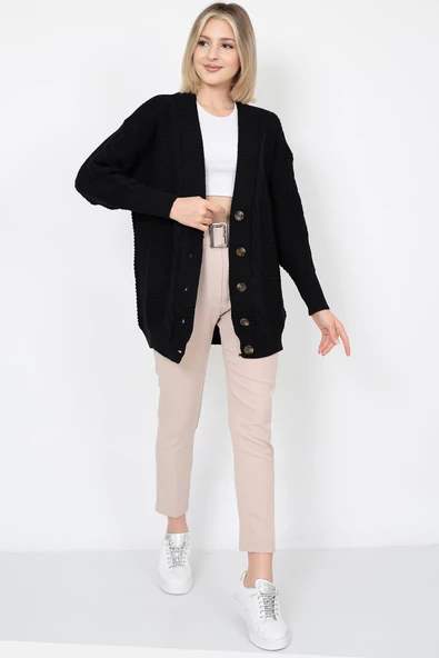 Lugmo Kadın Triko Hırka Akrilik iplik 80 cm Saç Örgülü Siyah - 5