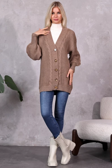 Lugmo Kadın Triko Hırka Akrilik iplik 80 cm Saç Örgülü Vizon (80cm) - 7