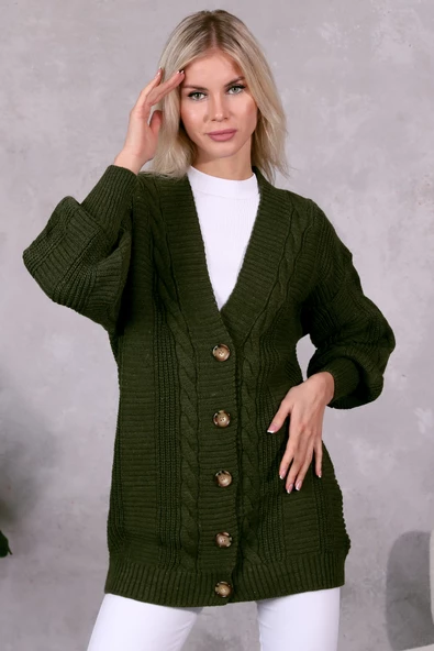 Lugmo Kadın Triko Hırka Akrilik iplik 80 cm Saç Örgülü Haki - 11