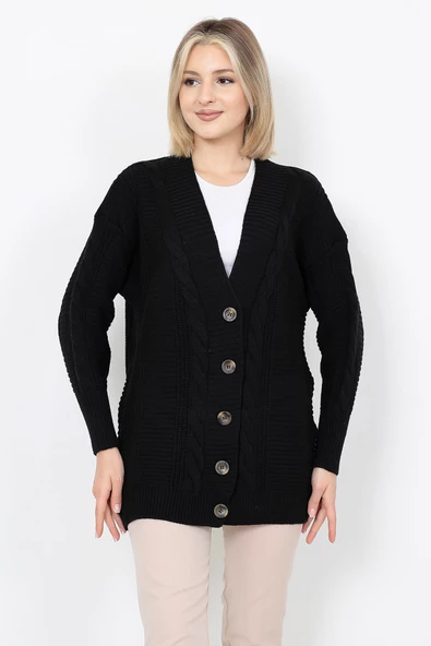 Lugmo Kadın Triko Hırka Akrilik iplik 80 cm Saç Örgülü Siyah - 9