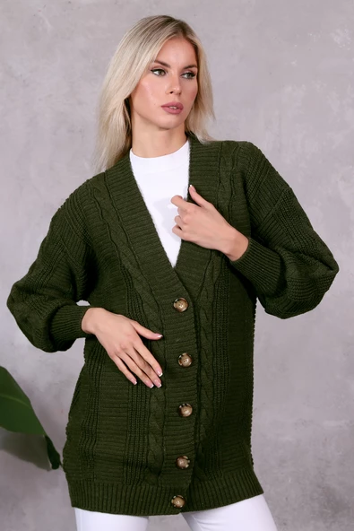 Lugmo Kadın Triko Hırka Akrilik iplik 80 cm Saç Örgülü Haki - 5