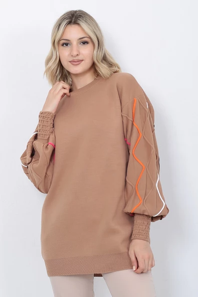 Kadın Triko Kazak Kolu Çizgili Vizon - Resim 2