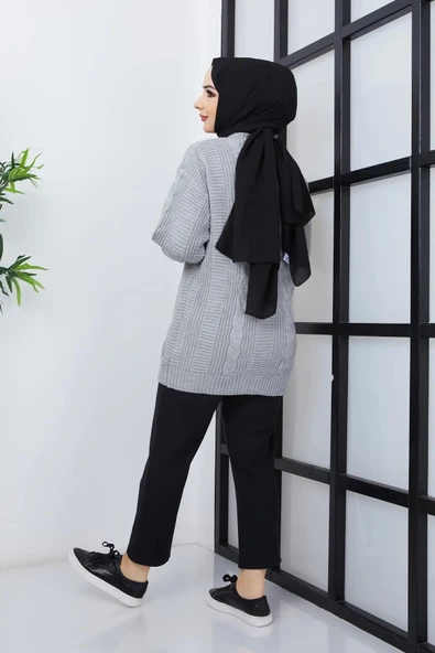 Lugmo Kadın Triko Hırka Akrilik iplik 80 cm Saç Örgülü Gri - 5