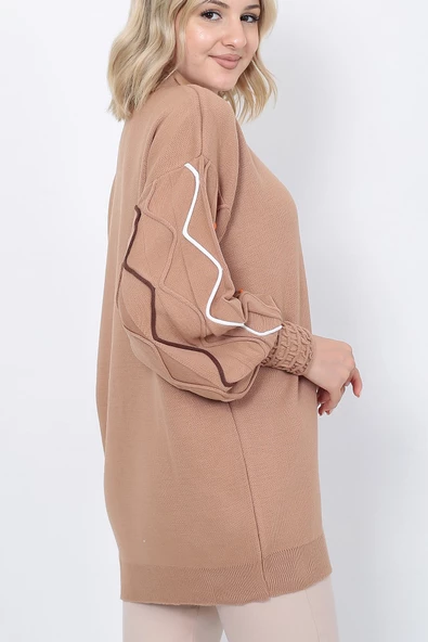 Kadın Triko Kazak Kolu Çizgili Vizon - Resim 7