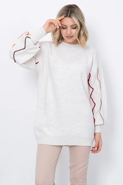 Kadın Triko Kazak Kolu Çizgili Taş Renk - Resim 5