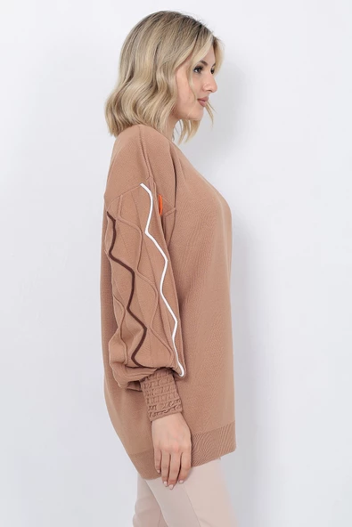 Kadın Triko Kazak Kolu Çizgili Vizon - Resim 5