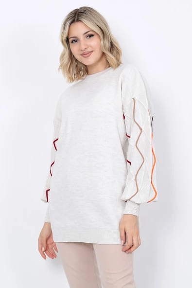 Kadın Triko Kazak Kolu Çizgili Taş Renk - Resim 3