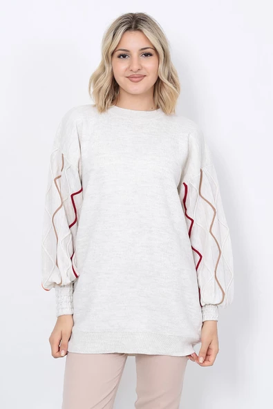 Kadın Triko Kazak Kolu Çizgili Taş Renk - Resim 6