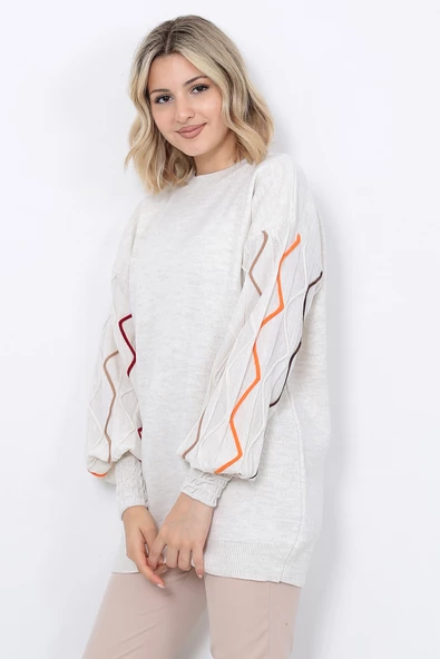 Kadın Triko Kazak Kolu Çizgili Taş Renk - Resim 7