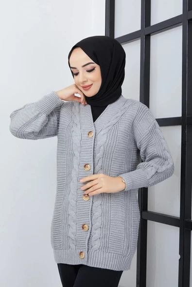 Lugmo Kadın Triko Hırka Akrilik iplik 80 cm Saç Örgülü Gri