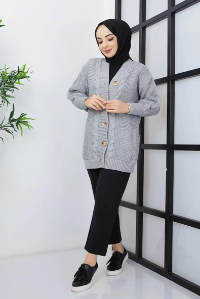 Lugmo Kadın Triko Hırka Akrilik iplik 80 cm Saç Örgülü Gri - 2