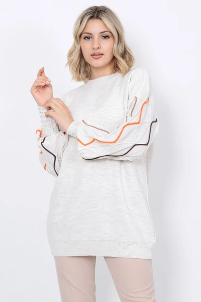 Kadın Triko Kazak Kolu Çizgili Taş Renk - Resim 2