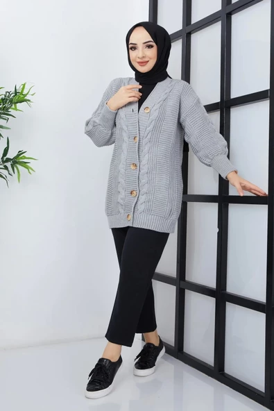 Lugmo Kadın Triko Hırka Akrilik iplik 80 cm Saç Örgülü Gri - 3