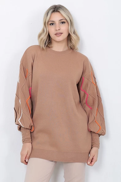 Kadın Triko Kazak Kolu Çizgili Vizon - Resim 6