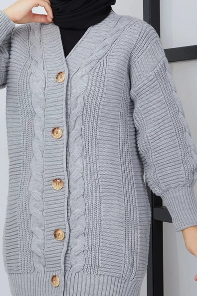 Lugmo Kadın Triko Hırka Akrilik iplik 80 cm Saç Örgülü Gri - 4