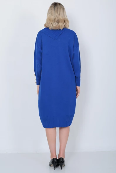 Triko Uzun Kadın Elbise Yaka Düğmeli Mavi - Resim 9