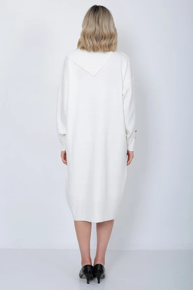 Triko Uzun Kadın Elbise Yaka Düğmeli Ekru - Resim 7