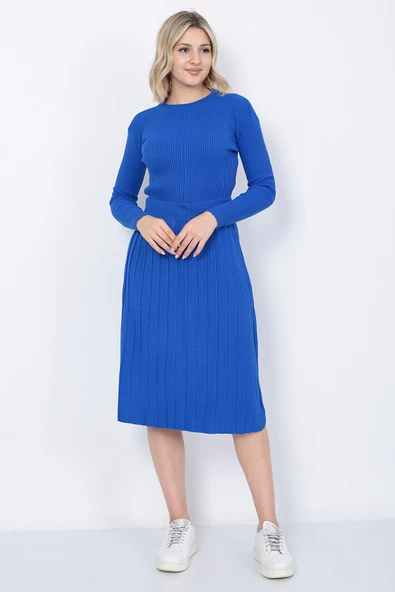 Kadın Triko Pilise Etekli Saç Örğülü Kazak Takım Oversize Mavi - 10