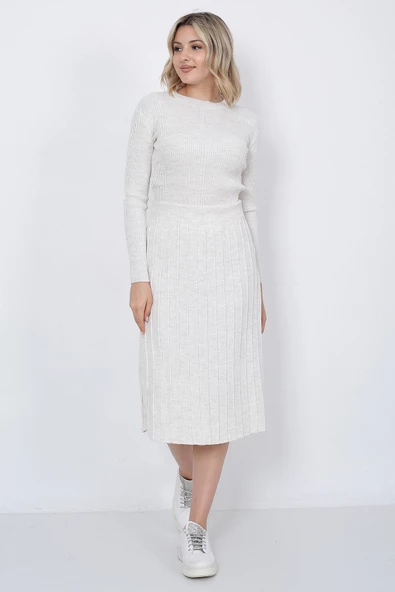 Kadın Triko Pilise Etekli Saç Örğülü Kazak Takım Oversize Taş - 7