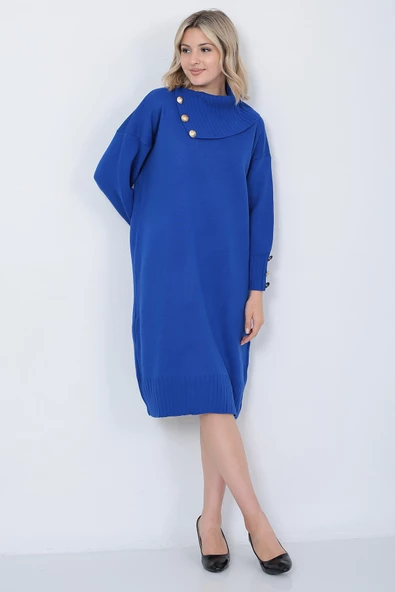 Triko Uzun Kadın Elbise Yaka Düğmeli Mavi - Resim 7