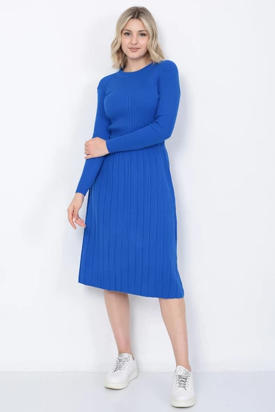 Kadın Triko Pilise Etekli Saç Örğülü Kazak Takım Oversize Mavi - 2