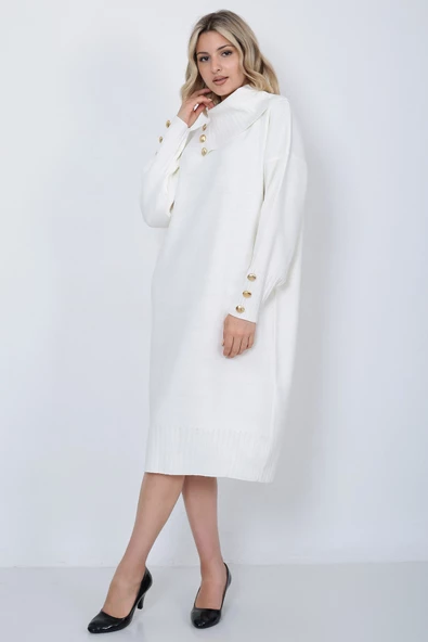 Triko Uzun Kadın Elbise Yaka Düğmeli Ekru - Resim 3