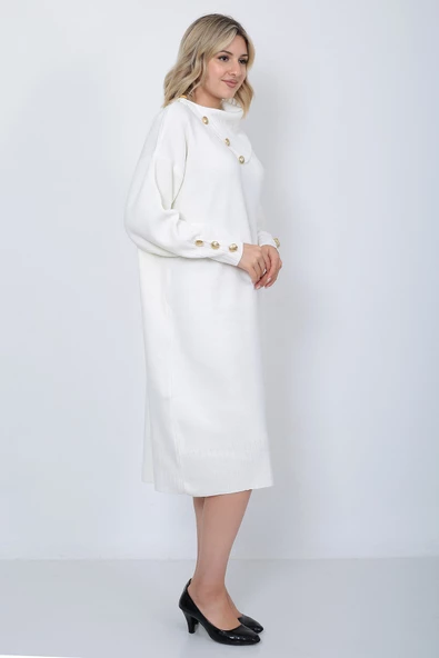 Triko Uzun Kadın Elbise Yaka Düğmeli Ekru - Resim 8