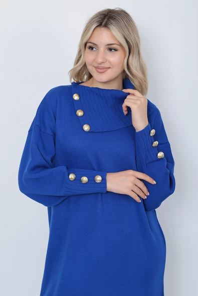 Triko Uzun Kadın Elbise Yaka Düğmeli Mavi - Resim 2