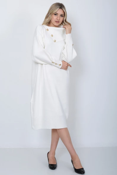 Triko Uzun Kadın Elbise Yaka Düğmeli Ekru - Resim 6
