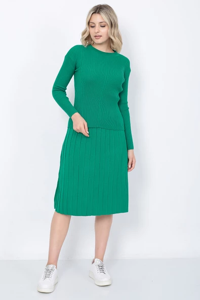 Kadın Triko Pilise Etekli Saç Örğülü Kazak Takım Oversize Yeşil - 6