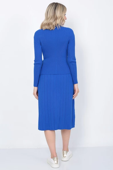 Kadın Triko Pilise Etekli Saç Örğülü Kazak Takım Oversize Mavi - 9