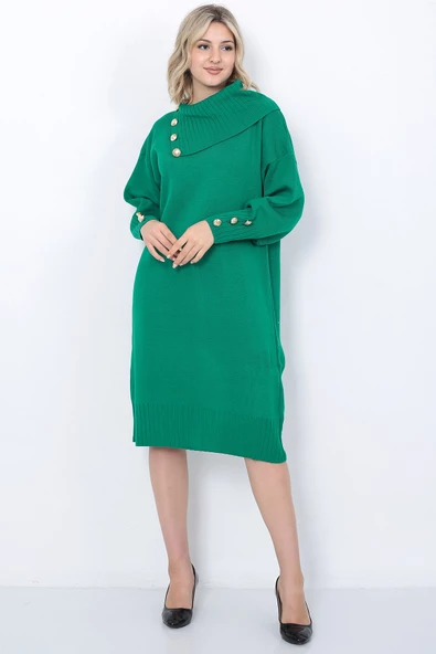 Triko Uzun Kadın Elbise Yaka Düğmeli Yeşil - Resim 6
