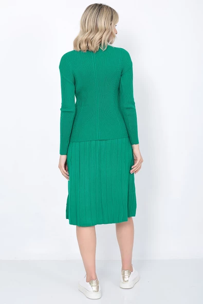 Kadın Triko Pilise Etekli Saç Örğülü Kazak Takım Oversize Yeşil - 5