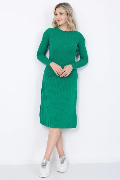 Kadın Triko Pilise Etekli Saç Örğülü Kazak Takım Oversize Yeşil - 4