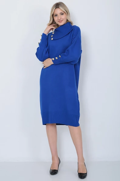 Triko Uzun Kadın Elbise Yaka Düğmeli Mavi - Resim 3