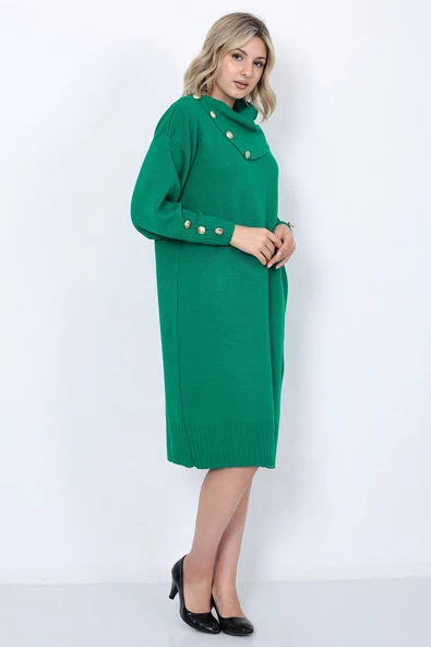 Triko Uzun Kadın Elbise Yaka Düğmeli Yeşil - Resim 7