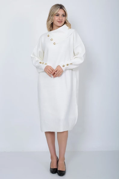 Triko Uzun Kadın Elbise Yaka Düğmeli Ekru - Resim 5