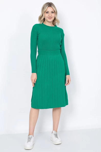 Kadın Triko Pilise Etekli Saç Örğülü Kazak Takım Oversize Yeşil - 2