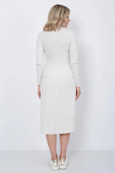 Kadın Triko Pilise Etekli Saç Örğülü Kazak Takım Oversize Taş - 5