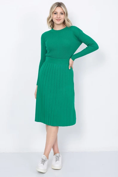 Kadın Triko Pilise Etekli Saç Örğülü Kazak Takım Oversize Yeşil - 9