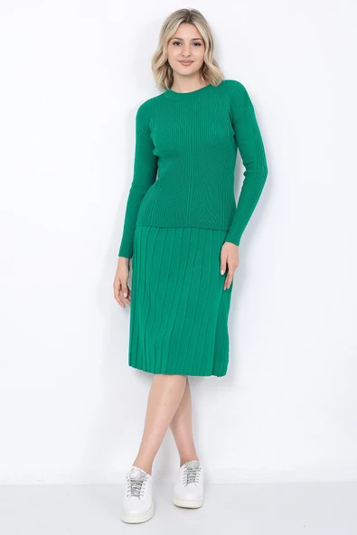 Kadın Triko Pilise Etekli Saç Örğülü Kazak Takım Oversize Yeşil - 10