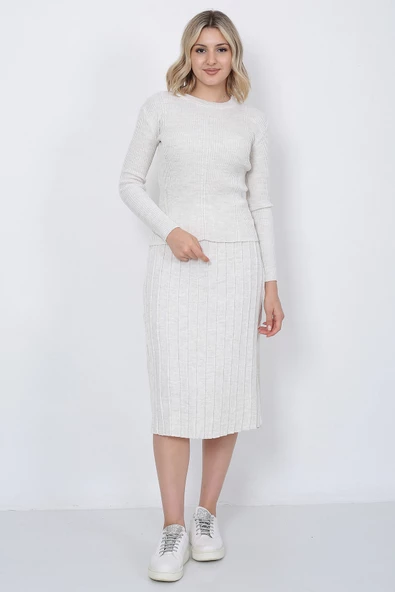 Kadın Triko Pilise Etekli Saç Örğülü Kazak Takım Oversize Taş - 10