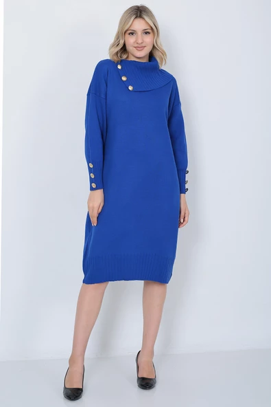 Triko Uzun Kadın Elbise Yaka Düğmeli Mavi - Resim 10