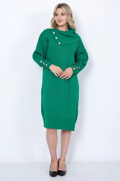 Triko Uzun Kadın Elbise Yaka Düğmeli Yeşil - Resim 10