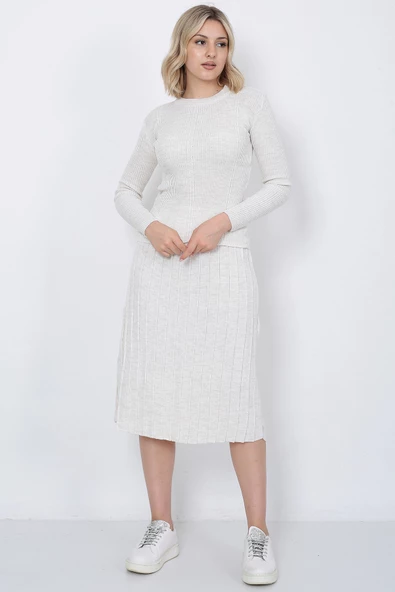 Kadın Triko Pilise Etekli Saç Örğülü Kazak Takım Oversize Taş - 9