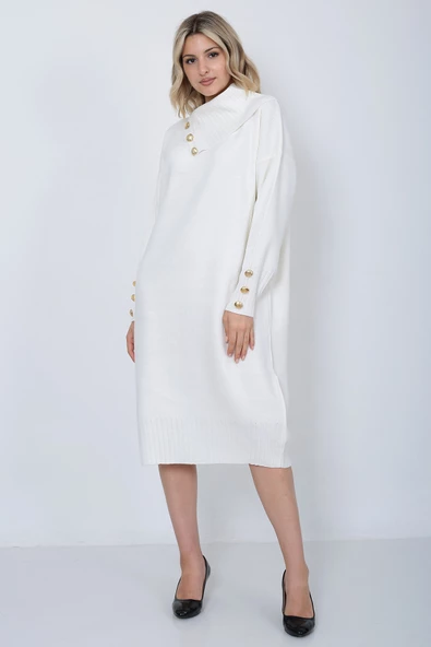 Triko Uzun Kadın Elbise Yaka Düğmeli Ekru - Resim 4