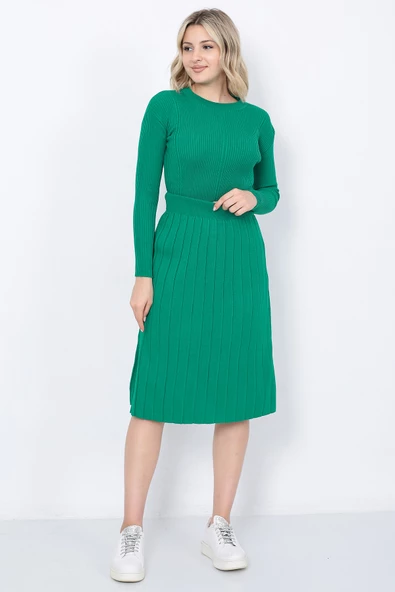 Kadın Triko Pilise Etekli Saç Örğülü Kazak Takım Oversize Yeşil - 7