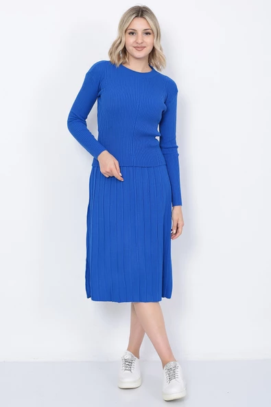 Kadın Triko Pilise Etekli Saç Örğülü Kazak Takım Oversize Mavi - 11