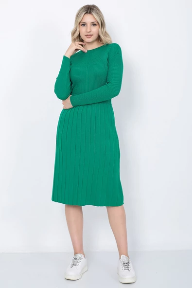 Kadın Triko Pilise Etekli Saç Örğülü Kazak Takım Oversize Yeşil - 8