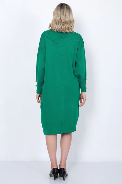 Triko Uzun Kadın Elbise Yaka Düğmeli Yeşil - Resim 8
